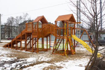 Детская деревянная зимняя горка "IgraGrad Snow Fox 5,9 м + "Панда Фани Грайд"